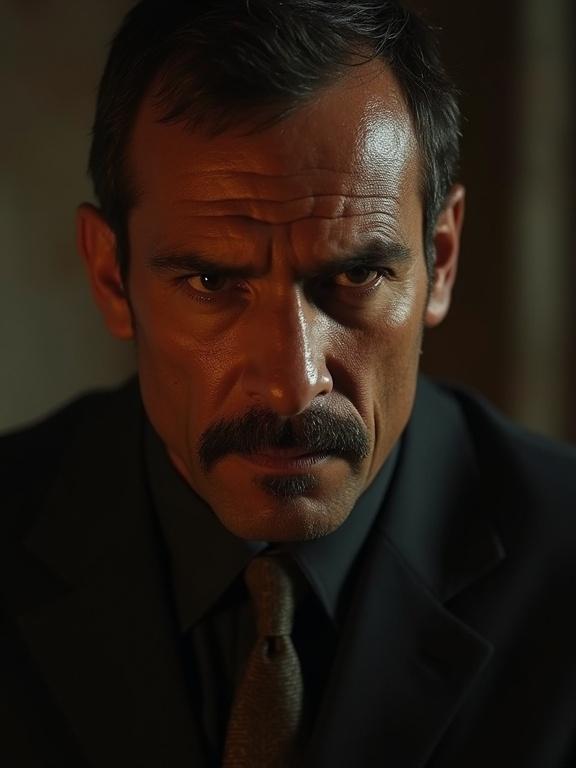 Cinematic and photo-realistic portrayal of a cartel leader. Strong action vibe with dramatic lighting effect. He has a cruel look and displays authority.