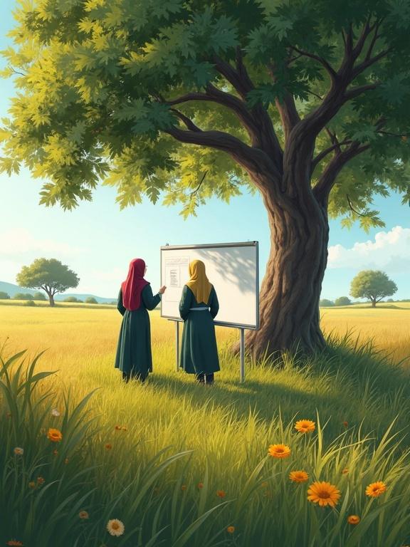 In-service classroom for female Muslim teachers near a whiteboard outdoors. Lush plain with a large tree providing shade. Perspective shows teachers from behind. Oil painting style with realistic details.