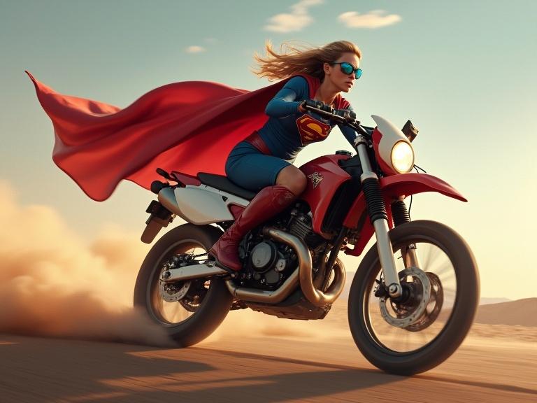 Supergirl riding a motorcycle at high speed during sunset. Dynamic scene with a vibrant red cape blowing in the wind. Emphasizes adventure and power. Supergirl wears sunglasses and a playful expression.