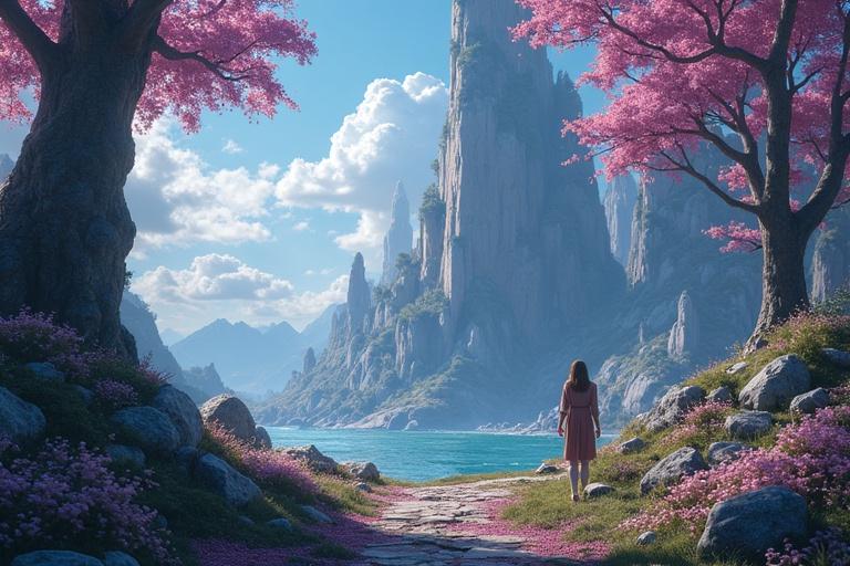 Create a digital art piece showing a fantasy world in virtual reality. A woman stands on a path surrounded by pink trees and flowers. In the background, tall rocky mountains rise above a tranquil lake. The sky is bright with fluffy clouds, depicting an enchanting landscape.