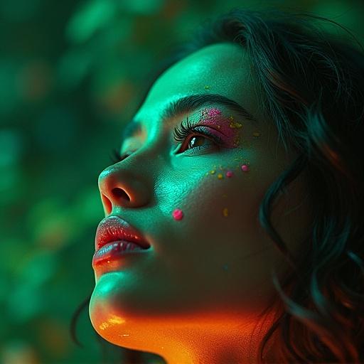 Dreamy night portrait of a woman with vivid green pink red and yellow pale color palette. Focused on facial features and makeup in soft light.