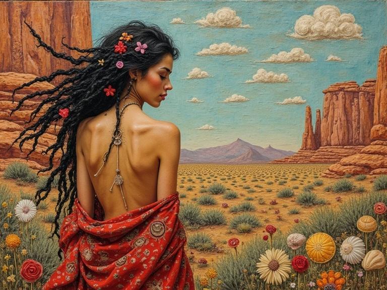 Mixed media artwork features a naked woman with long hair in a desert landscape. She wears a flowing red fabric and is adorned with flowers. The scene displays colorful flowers and distant mountains.