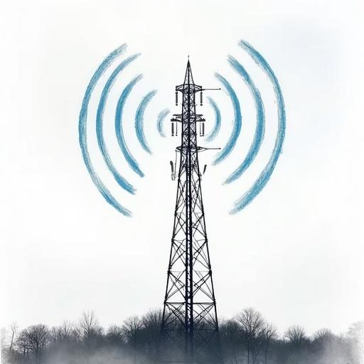 A cell tower on a white background with radiating lines representing radio waves.