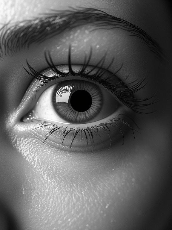 Close-up view of an eye illustrating blind spots in vision. Two large black dots positioned in the bottom right corner.