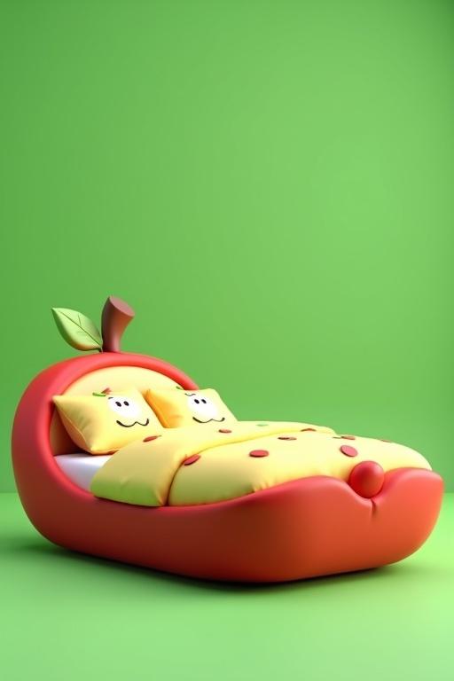 Playful children’s bed with apple theme. Bed frame shaped like red apple slice. Curved red outer shell. Light yellowish mattress resembling apple inside. Headboard features green leaf and brown stem. Cute apple seed shapes on bedding. Pillows shaped like small apples. Cozy rounded design. Pixar-style 3D animation with smooth textures and soft lighting. Full green screen background.