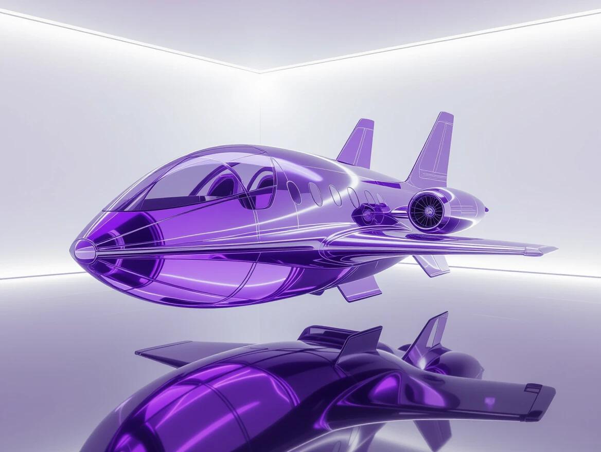 Hyper-realistic rendering of a spaceship made of amethyst glass. Elegant art-deco design with studio lighting. Soft minimal dreamy aesthetic. Ultra-detailed glass rendering. 8k resolution.