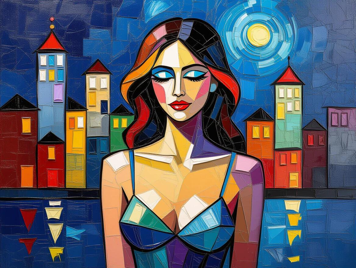 Encaustic mixed media artwork features a female figure in a vibrant cityscape at night. Thick brushstrokes create depth and texture in buildings. Bright colors evoke a sense of whimsical charm.