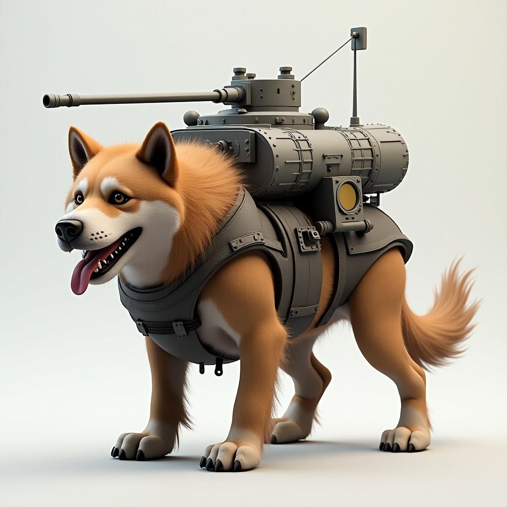 Create a hybrid creature that combines features of a dog and a cannon tank. The model should be a full-body representation, showcasing the dog with a tank mounted on its back. The design should be majestic, emphasizing strength and character. The dog's fur is a rich brown, and the tank is detailed in gray with mechanical elements. This 3D model aims to blend whimsical and powerful visual elements, suitable for animation or gaming.