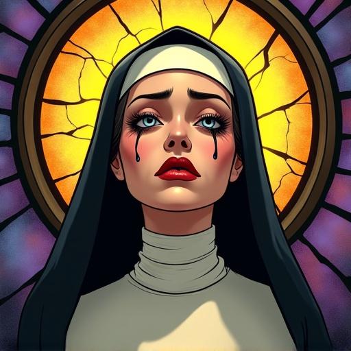 Digital painting with bold outlines and cel-shading. Image of a sorrowful nun in dramatic style. Features expressive eyes with black tear streaks and full crimson lips. She wears a glowing golden halo and a black veil. Background shows a gothic church window in purple and blue hues. Warm ethereal lighting creates an amber glow.