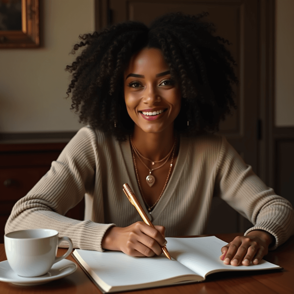 A person with curly hair writes in a notebook with a gold pen, smiling warmly, in a cozy room with a cup of coffee nearby.