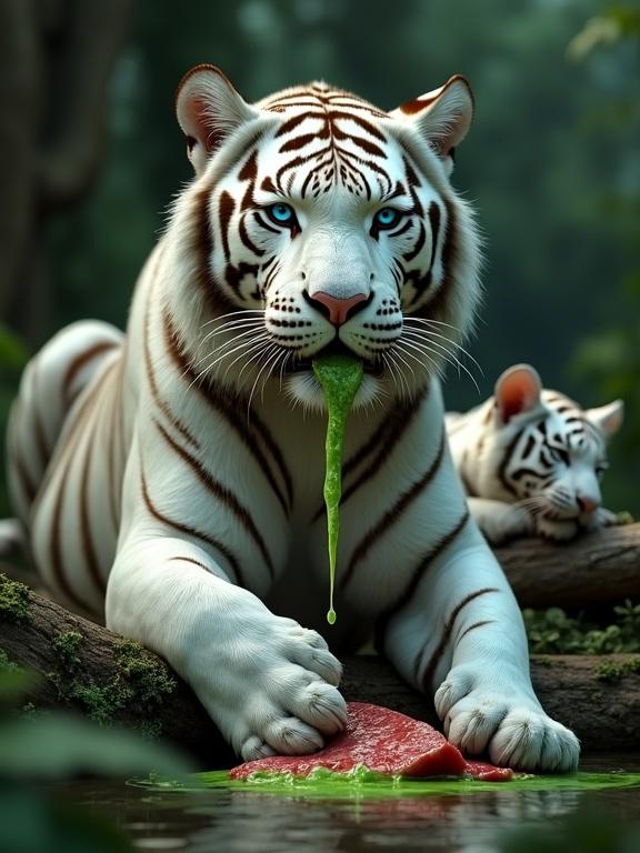 Photorealistic render of a large white tiger looking at the camera in a lush jungle. Tiger has blue eyes and detailed fur. Tiger holds raw steak with paw and green liquid on it. Small white tiger cub sleeps on a log in the background. Sharp focus with cinematic atmosphere.