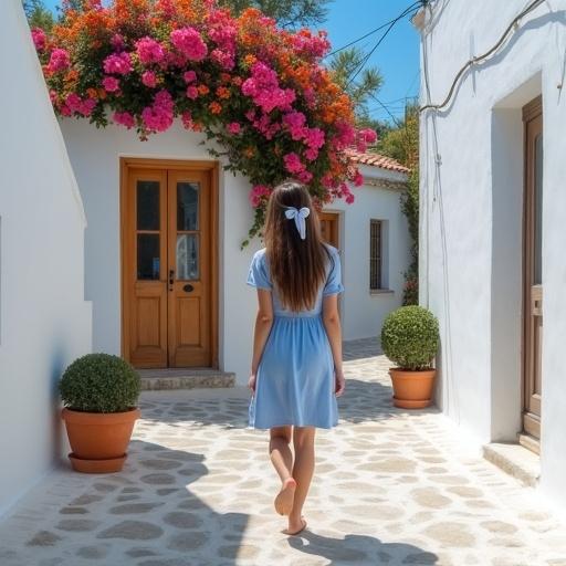 Photo-realistic image of a young woman walking down a narrow street. She has long brown hair tied with a white ribbon. She wears a light blue dress with short sleeves. The white building has pink and orange flowers. The scene is cheerful and picturesque with a clear blue sky.
