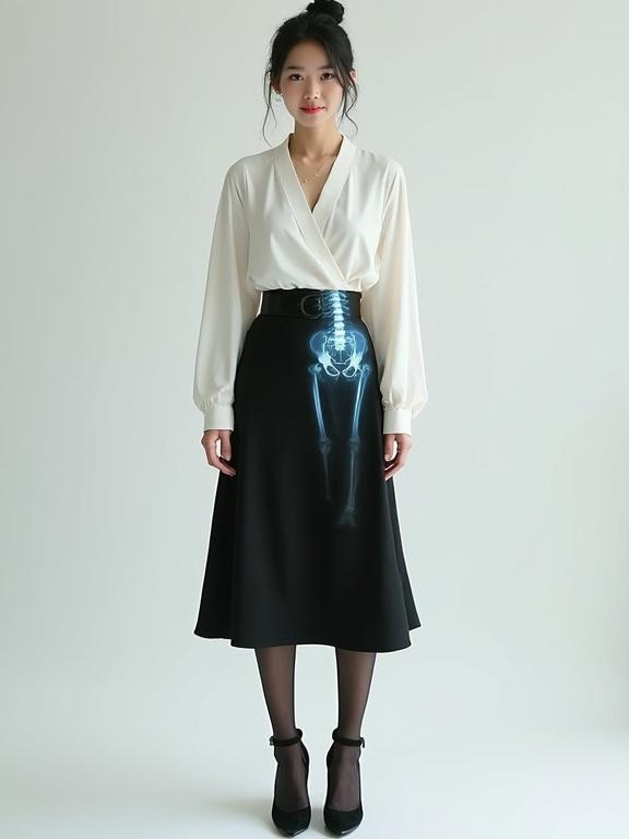 Full-body image of a cyborg female spy. She dresses in a white V-neck wrap blouse and a black skirt. X-ray on the left side reveals internal components. She wears black sheer tights and closed-toe block-heeled shoes. Her hair is in a bun with a slight smile. Standing in an agency setting.