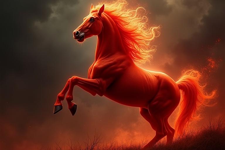 Majestic fiery horse rearing up against a dark swirling background. Bright red flames engulf the horse's mane. Background features swirling dark clouds and silhouettes of grass.