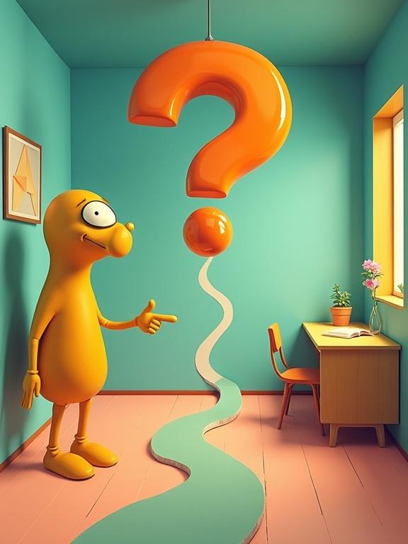 Bright quirky room features a curious figure pointing at an oversized question mark above a winding path. The scene exudes a humorous tone with playful vibes.