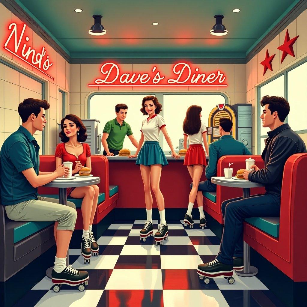 Illustration of a vibrant 1950s style diner scene with young girls on roller-skates serving food. Classic checkered floor is present. Neon sign reads 'Dave's Diner.' Jukebox adds to the atmosphere. Young men and women in 1950s clothing populate the booths. Bright colors and lively mood are captured.