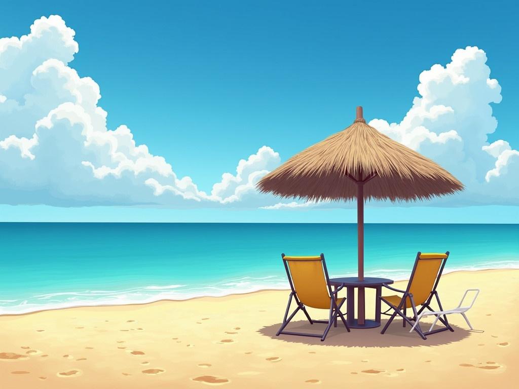 This image depicts a serene beach scene. There is a sandy shore with fine golden sand and gentle waves lapping at the edge. A thatched umbrella stands over a small table, offering shade from the bright sun. Surrounding the table are two yellow lounge chairs and one white chair, inviting relaxation. In the background, a vibrant turquoise sea stretches to the horizon under a beautiful blue sky filled with fluffy white clouds. The atmosphere exudes a sense of calm and tranquility, perfect for a day of leisure by the water.