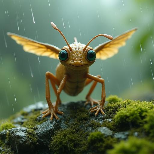 Small alien creature climbs on mossy rocks in the rain. It blinks and smiles. A gust of wind lifts it. Skin shifts, scales ripple, limbs elongate. Wings unfurl, antennae rise, eyes grow larger. Rain stops, clouds part, it hovers midair, now an elegant insectoid with shimmering wings.