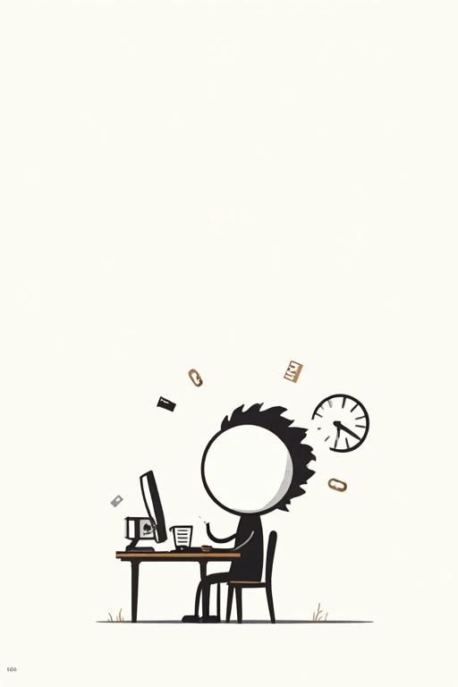 A minimalist stick figure sits at a desk looking blankly. A clock and calendar float nearby. Repetitive icons like coffee mugs and papers surround them. The figure's posture is slouched. Clean background emphasizes boredom and simplicity.