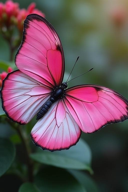 A dark pink and white butterfly flying with vibrant wings. The background is blurred but includes green foliage.