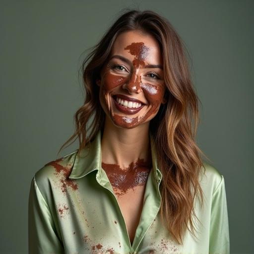 Photography of a woman wearing a light green satin shirt and gray leggings. She is enjoying while chocolate cream is being smashed on her face. Her clothes are messy and dripping with chocolate. She smiles with her hair and face smeared in chocolate.
