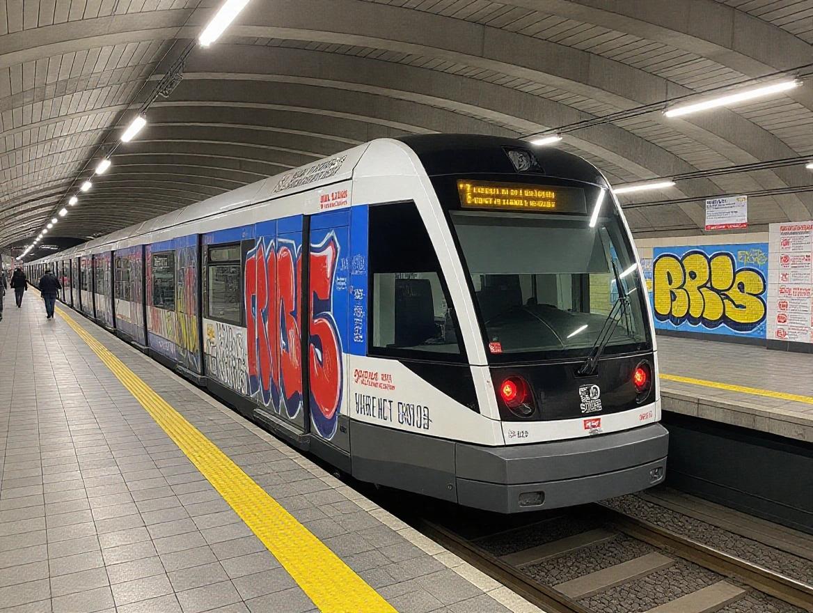 Front view of a metro train ready for graffiti painting in an urban subway station.