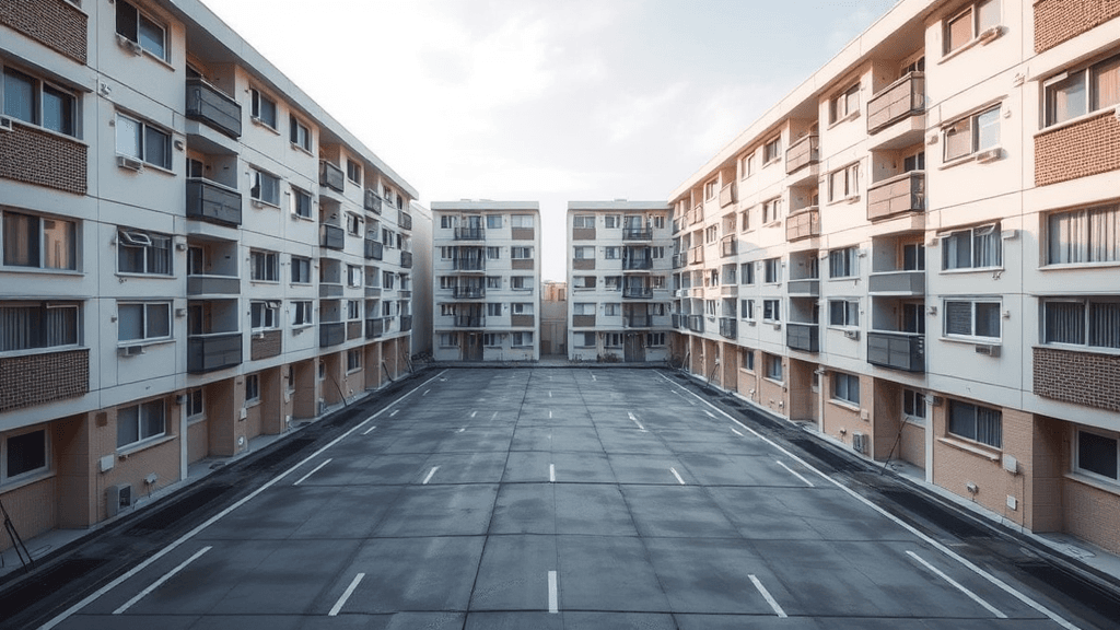 Two rows of apartment buildings face each other across an empty parking lot, creating a symmetrical urban scene.