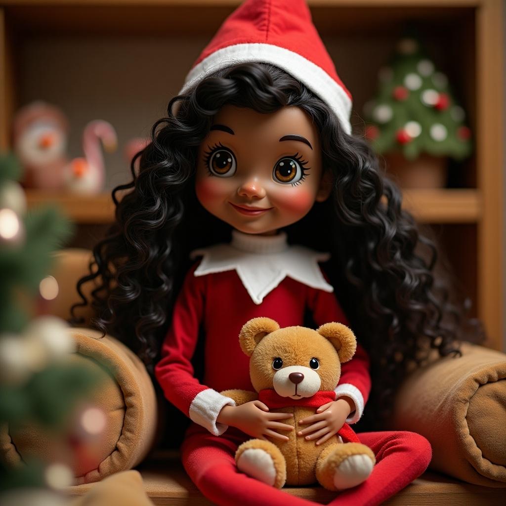 Girl elf on the shelf with long black curly hair named Lucy. She has brown skin and holds a teddy bear.