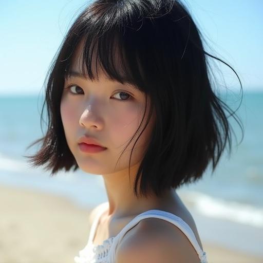 Japanese girl with dark straight bob hairstyle on a sunny beach. She looks angry.