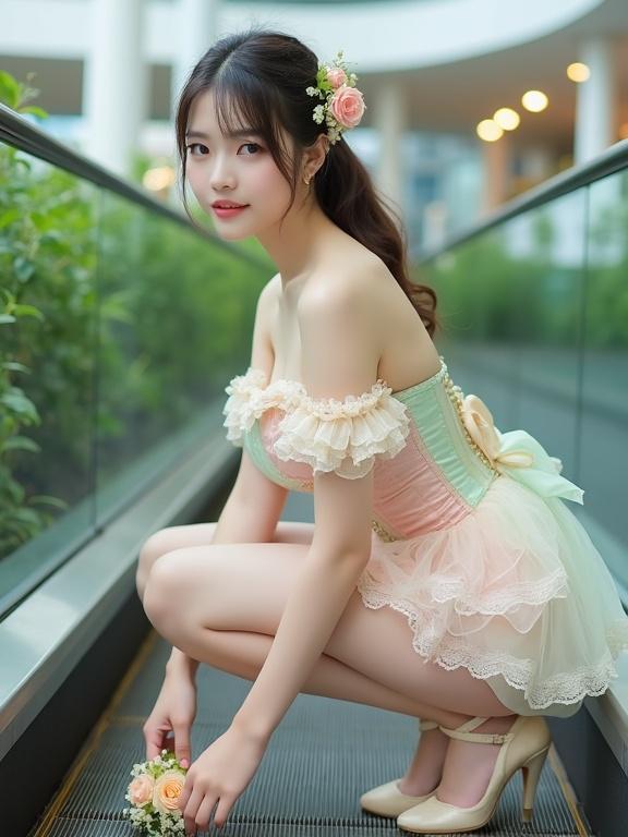 Full body shot of a woman adorning pastel frilly outfit. She squats and picks flowers on escalator in a mall. The ensemble features corset top with lace and frills in pink, cream, and mint green. Her hair tied. Vintage style with soft natural light and greenery background.