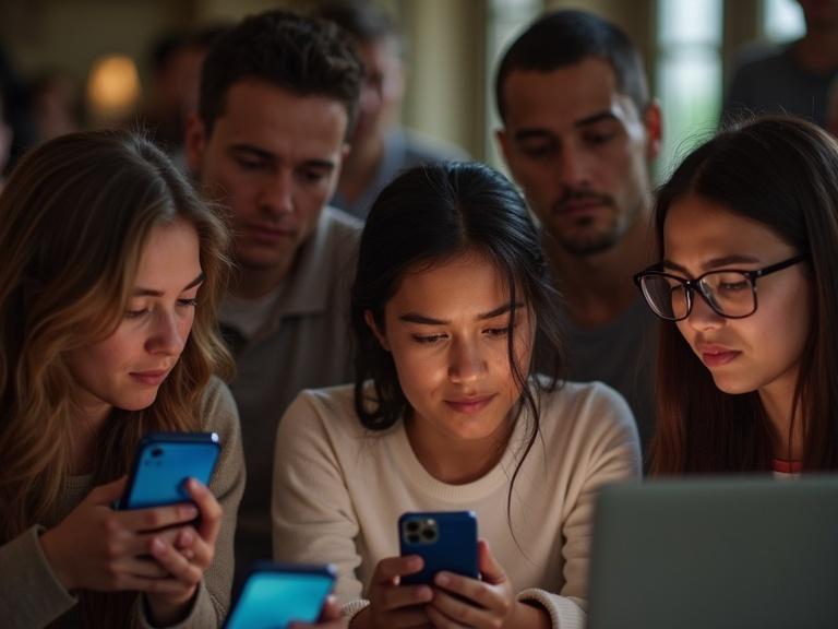 Group of people gathered around devices. Focus on expressions of relief and skepticism as they watch confirmation video from a museum.