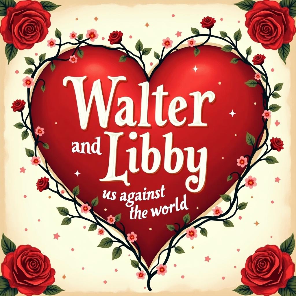 Image features a central red heart embellished with flowers and vines. Bold white old English text states 'Walter and Libby'. Smaller playful text below reads 'us against the world'. Background has a subtle rose texture with scattered shapes. Big roses bloom in corners.