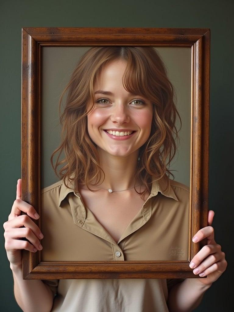 A person holds a wooden frame. The frame is empty. A shirt is beige. The person appears cheerful. The arms and hands are visible. The background is a soft green color. Natural light highlights the scene.