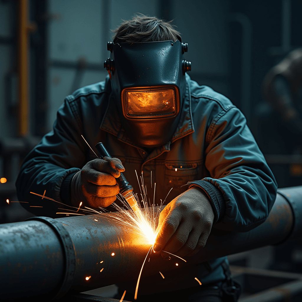 A welder at work, surrounded by sparks in a dimly lit industrial setting.