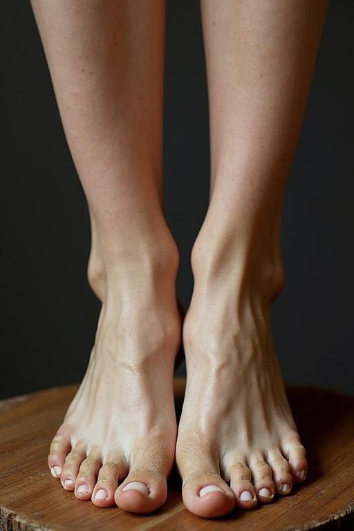 Female feet placed on a wooden surface. Focus on detailed features of the feet. Natural skin tones and artistic presentation. Soft lighting accentuating curves and forms.