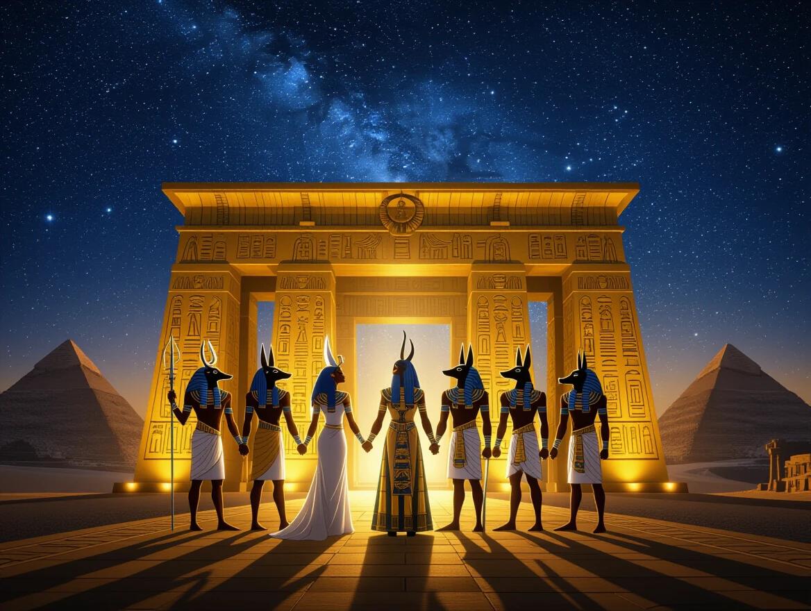 A celestial gathering of Kemetic gods and goddesses including Ra, Isis, Osiris, Anubis, Ma’at, and Horus in a majestic golden temple under a starry night sky. Glowing hieroglyphics adorn the temple while pyramids stand in the background. Each figure radiates a unique aura, embodying ancient sacred art blended with Afro-futuristic elements.