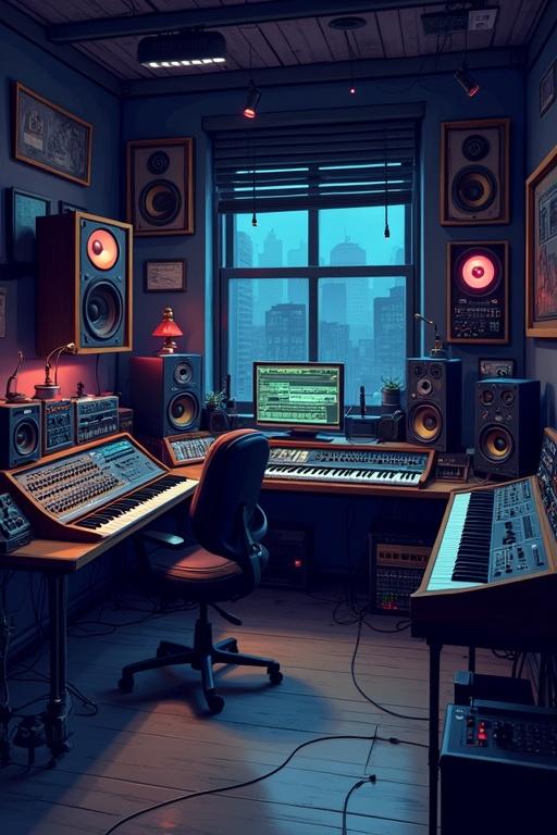 Pixel art style dark music studio filled with synthesizers and hardware compressors. No windows. Large speakers are integrated into the walls. Cool color tones.