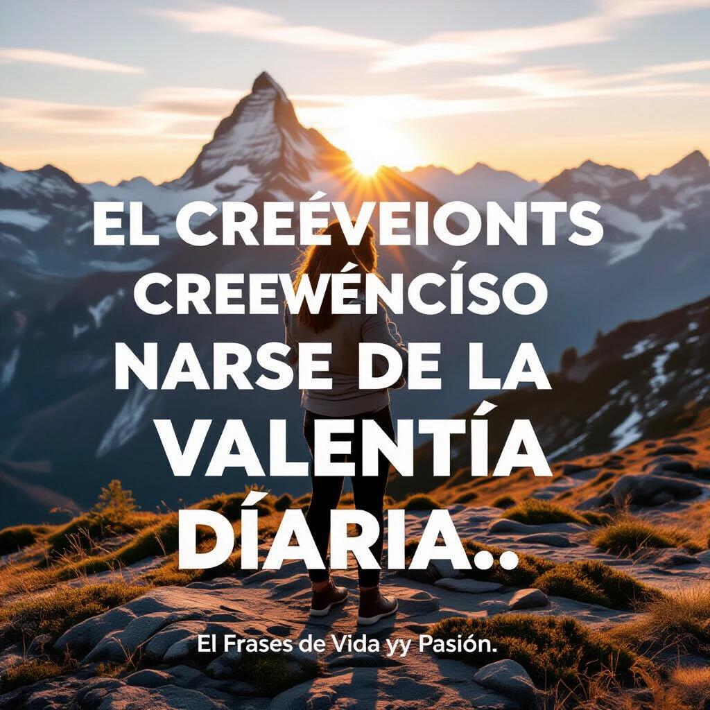 The image features a scenic view of mountains during golden hour. A person stands confidently on rocks. The text reads about growth and daily courage. It's a reflection on personal development and inspiration.