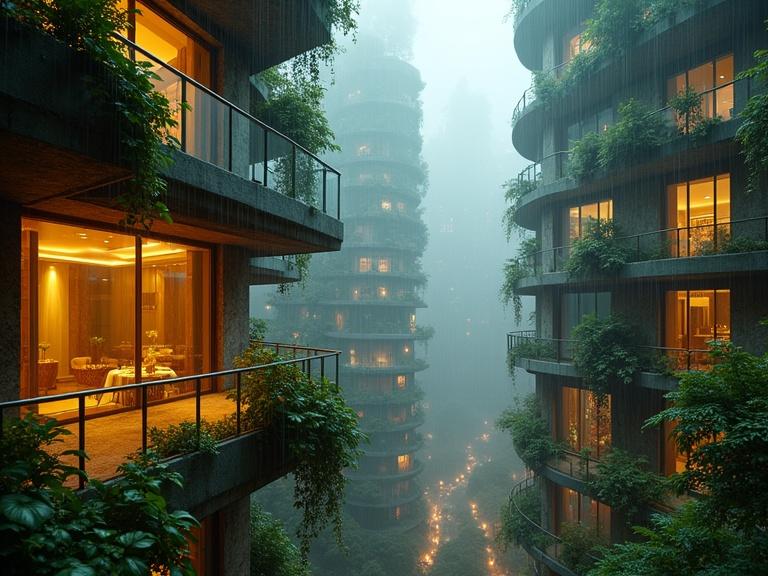 Cinematic wide shot from modern glass balcony edge. Looking down into glowing cyberpunk canyon of organic brutalist skyscrapers. Covered in cascading bioluminescent gardens. Warm golden windows creating constellation patterns. Gentle rain with beautiful bokeh. Lush vertical forests wrapping concrete towers. Multiple depth layers with foreground glass railing and plants. Midground glowing architecture. Background misty towers fading into atmospheric haze.