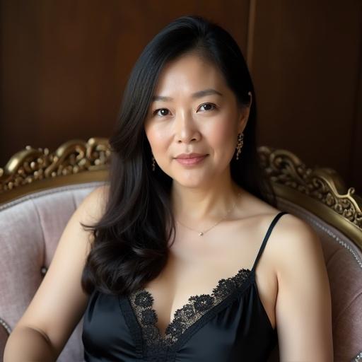Portrait of a beautiful Japanese woman wearing a black satin lace camisole. She has long, straight hair and appears elegant. Slightly overweight, sitting on a luxurious single-seater sofa, photographed with a 50mm lens.