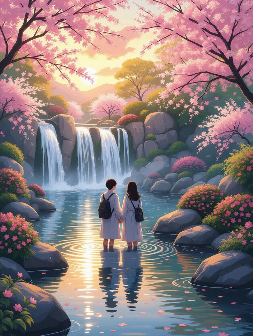 Ultra detailed animecore painting of a couple by a river with a waterfall. Surrounded by a tranquil garden with soft focus and flowing water. Features flowering plants and warm sunset tones. Composition exhibits graceful balance and aesthetic beauty. The scene conveys overwhelming emotion and tranquility.