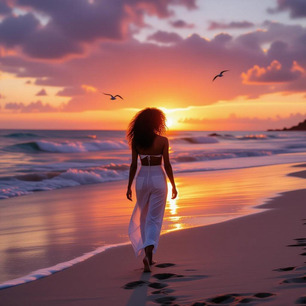 Woman strolls along a tranquil beach at sunset. Sky displays warm shades of orange pink and purple. Ocean waves are gentle and reflect the sky. She walks barefoot in stylish casual beachwear. Calm and reflective demeanor. Soft sand cushions her steps. Distant seagulls glide in the sky. Scene radiates serenity and natural beauty.