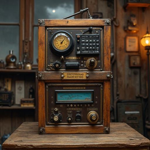 Ham radio presented on a wooden table. Intricate details and vintage styling on the radio. Displayed in a cozy indoor setting. Dusty aesthetic with warm lighting. Background filled with various vintage items and tools.