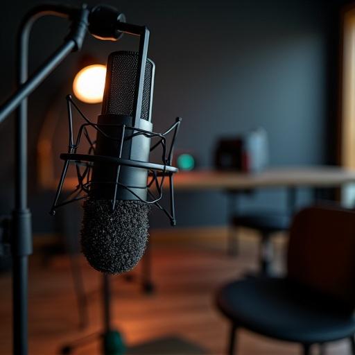 Close up of a microphone in an empty podcast studio. Dark wall background and wooden flooring. Soft ambient light from a lamp in the background. Minimalistic design with blurred chairs and tables in the background.