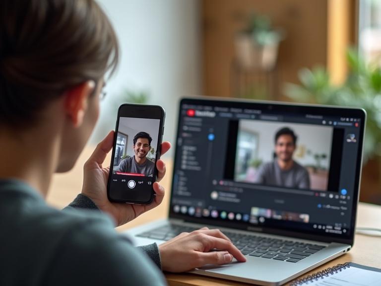 A modern creator is holding a smartphone. The creator records a video. A laptop shows YouTube Studio. A checklist of goals is beside the creator.
