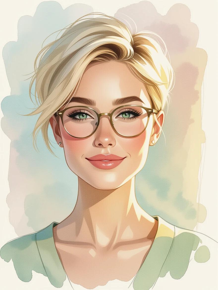 Watercolor pencil sketch of a woman with small rectangle glasses and short blonde undercut pixie smiling softly. Light green eyes convey warmth and serenity. Watercolor washes and pencil details capture light in her hair and contours of her face. Background is abstract and dreamy with soft pastel tones. Image exudes elegance and timeless beauty.