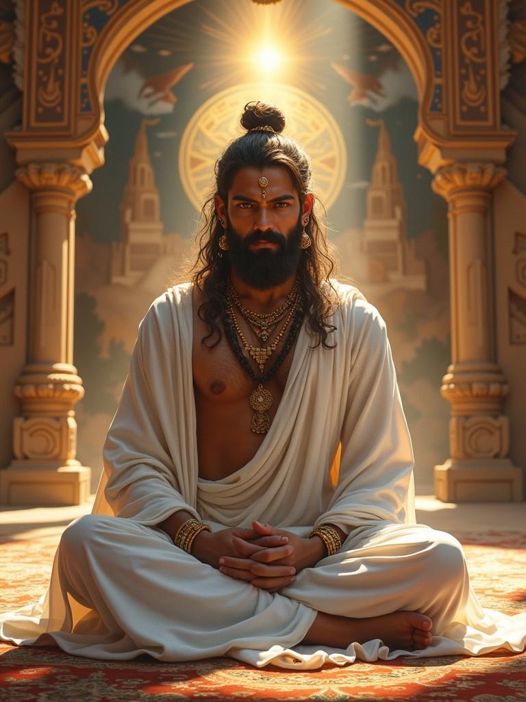 Arjuna sits in a meditative pose in his chamber. His long hair is tied back, and his face displays intense focus with deep eyes and a light beard. Clad in simple white attire, he is enveloped by a soft divine aura. The chamber around him features wood and stone decor, complemented by murals depicting heavenly scenes. As Urvashi enters gracefully, her enchanting movements and flowing shimmering attire add elegance to the atmosphere.