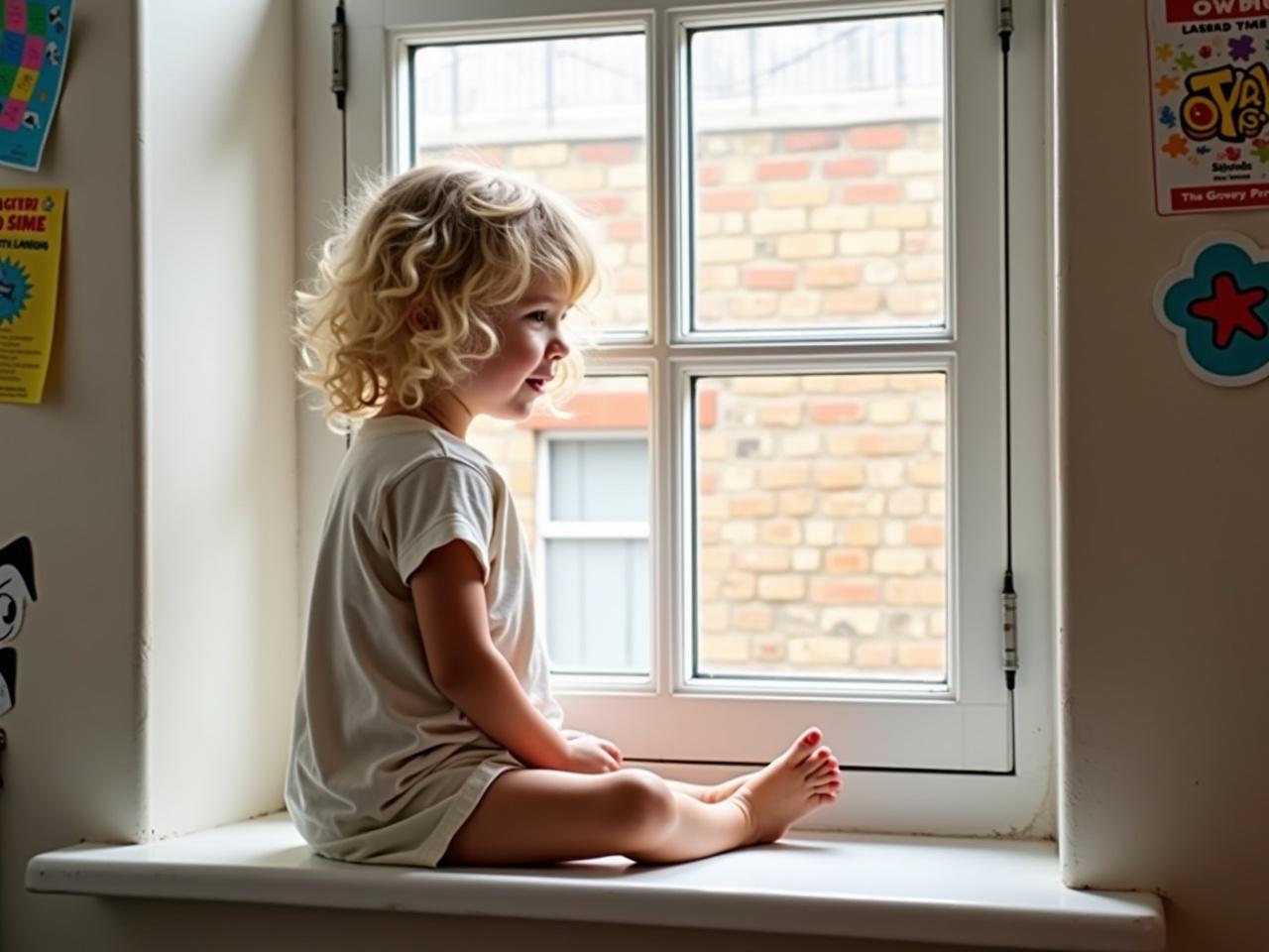 The image shows a young child sitting on a windowsill. She has curly blonde hair and is dressed in a light-colored t-shirt and shorts. The window has several panes and allows natural light to fill the room. On the wall beside the window, there are colorful posters and pictures, including some related to toys. The setting appears to be a cozy indoor space with a brick wall visible outside the window.