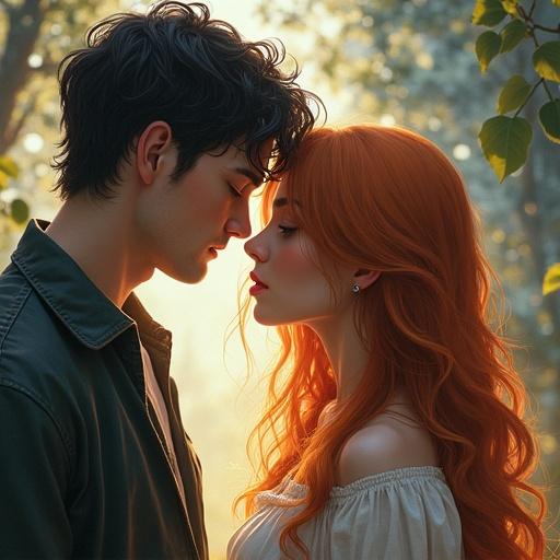 Semi-realistic illustration depicting a young man gazing at a woman with blonde hair in a fantasy world