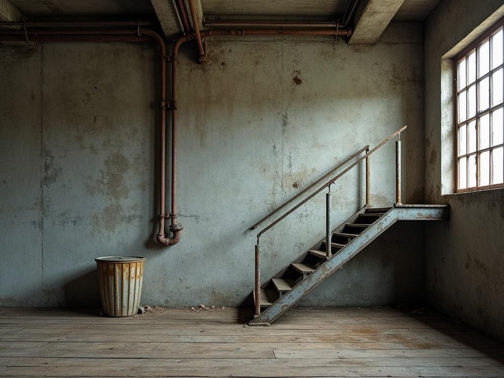 A grunge interior room of an abandoned industrial warehouse is depicted. The setting features a concrete wall that is heavily textured, adorned with various rusty pipes running across it. A worn, metallic staircase leans against the wall, hinting at the disused nature of the space. On the floor, a shabby garbage can is placed, showing signs of neglect and wear. The wooden floorboards are aged and have a hint of decay, reflecting the abandoned atmosphere of the warehouse. The overall lighting is dim, enhancing the eerie vibe of the scene.